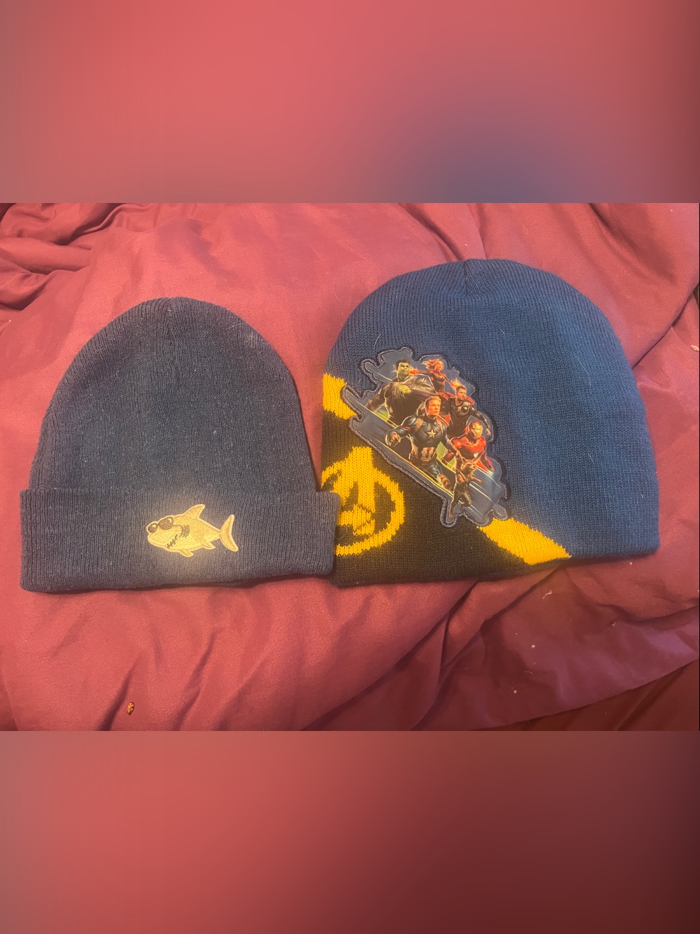 Navy Blue Beanie Duo- one shark design and one avengers design